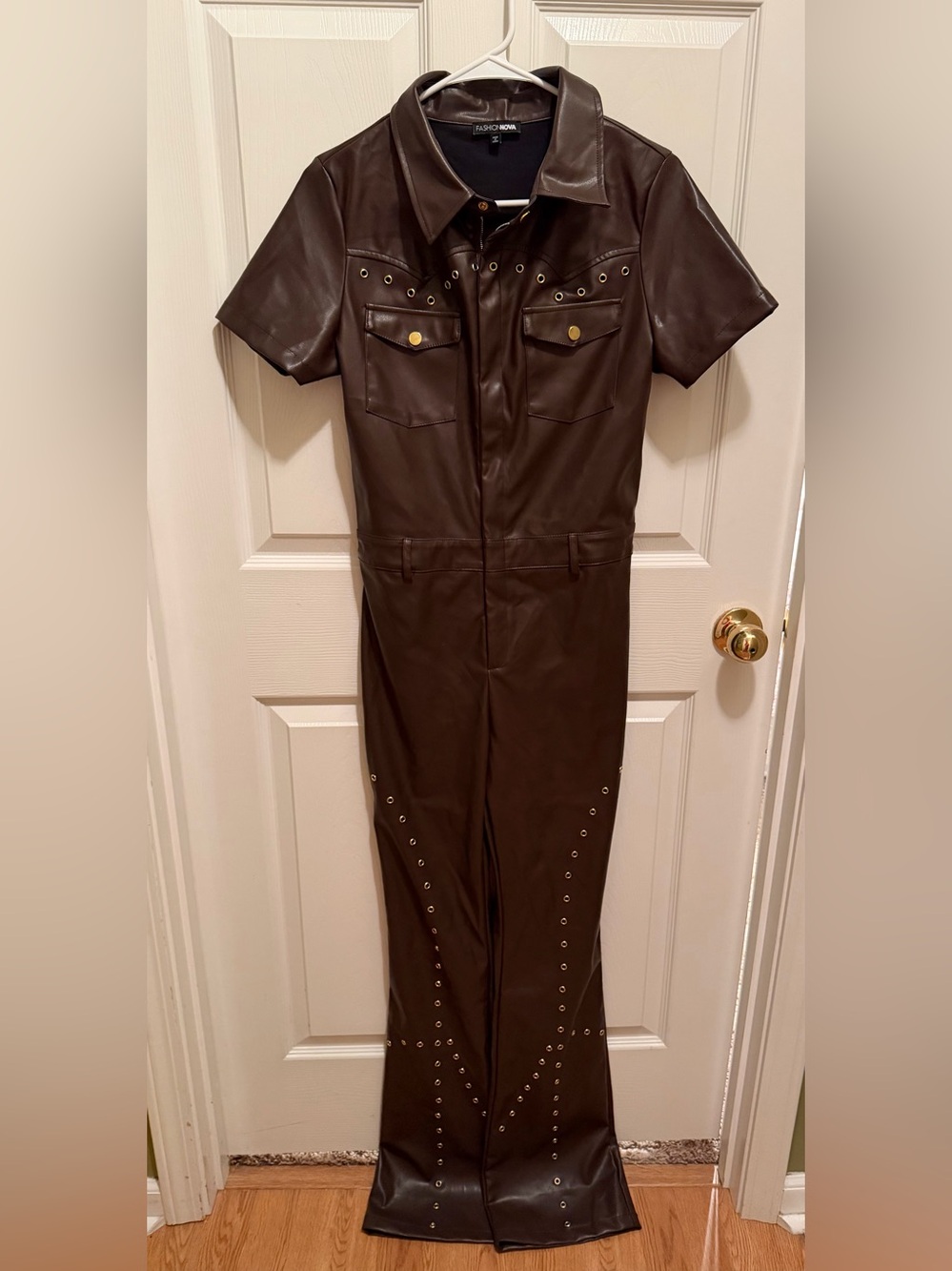 FashionNova Brown Faux Leather Short-Sleeve Jumpsuit